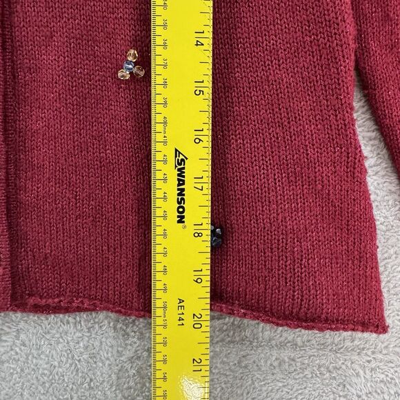 Beverly Mehe Sweater S Red Silk Knit Cardigan Button Front 3/4 Sleeve Rhinestone - Picture 11 of 14